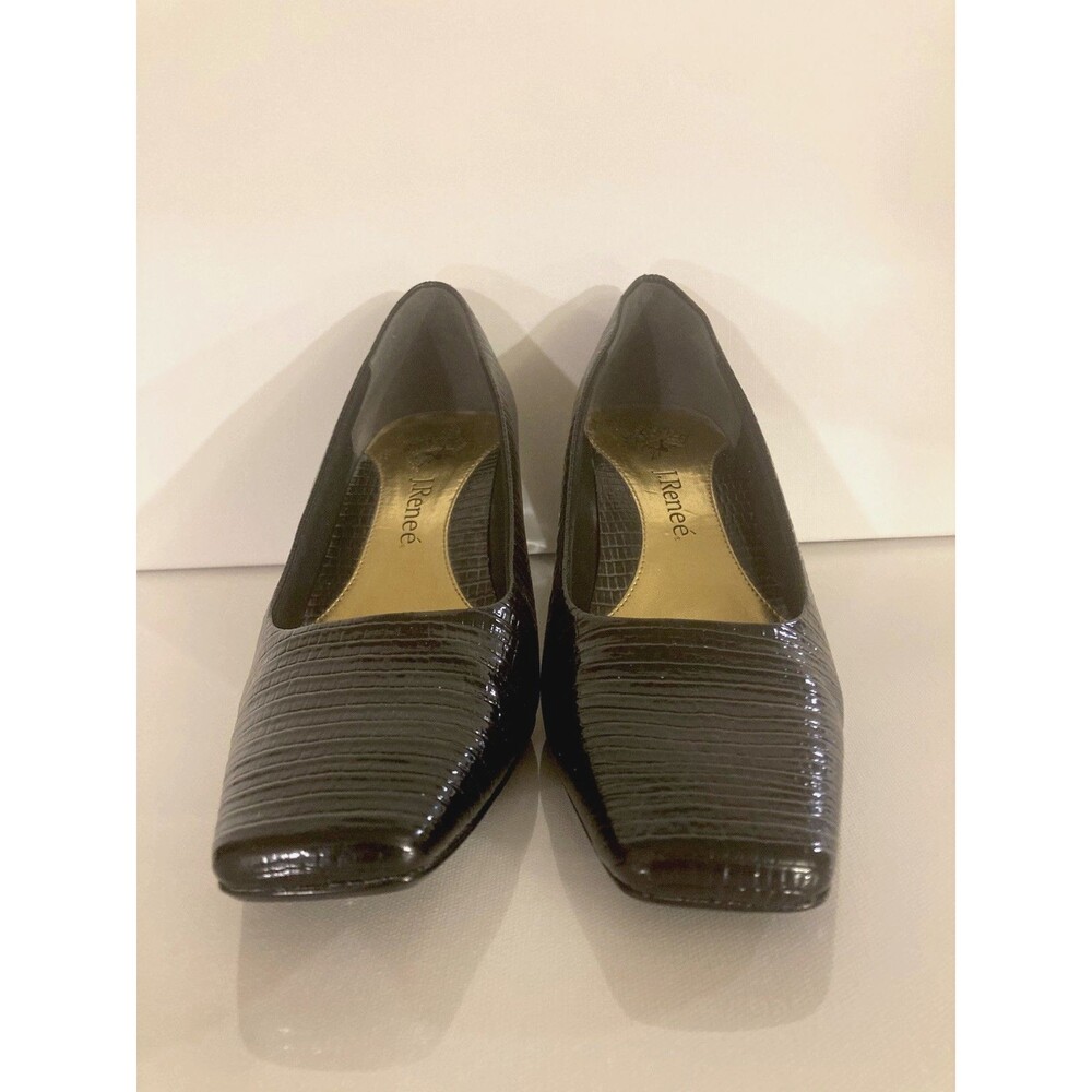 J. Reneé Black Lizard Embossed Pumps Square Toe Gold Heel Detail Shoes Size 8